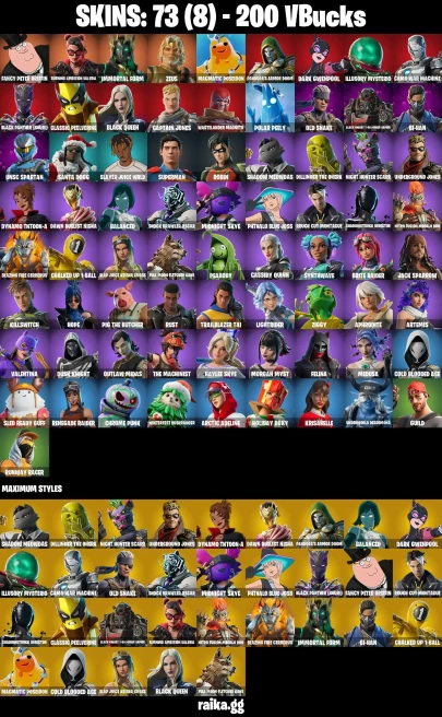 73 skins | Renegade Raider | Fancy Peter Griffin | Burning Ambition Valeria | Immortal Form | Zeus | Magmatic Poseidon | A3577