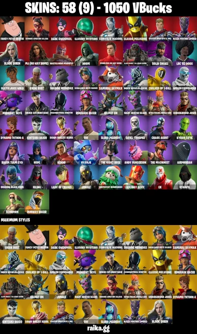58 skins | Skull Trooper | Spider-Man (No Way Home) | Fancy Peter Griffin | Burning Ambition Valeria | Dark Gwenpool | A3583