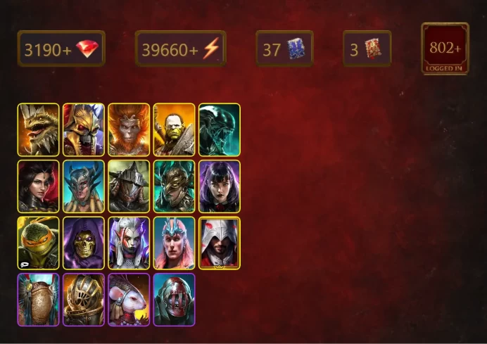 [STARTER]Nekhret+Geomancer+Legate Teox+Tomb Lord+Wukong+Artak+Raf-Matab+Xenomorph+Adelyn+Gaellut Son of the Pact+Scyl+45Epics