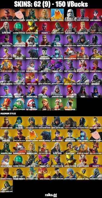 62 skins | Burning Ambition Valeria | Fancy Peter Griffin | Immortal Form | Immortal Zeus | Magmatic Poseidon | A3811