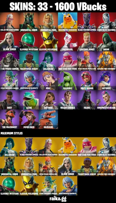33 skins | Collector Kado Thorne | Immortal Form | Immortal Zeus | Magmatic Poseidon | Black Panther (Shuri) | A3833