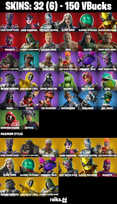 32 skins | Black Panther (Shuri) | Dark Gwenpool | Camo War Machine | Black Queen | Illusory Mysterio | A3842