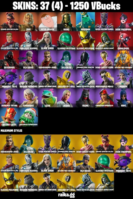 37 skins | Peter Griffin | Burning Ambition Valeria | Zeus | Hades | Poseidon | Black Panther (Shuri) | Dark Gwenpool | A3859