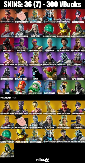 36 skins | Burning Ambition Valeria | Fancy Peter Griffin | Knight's Helm | Harbinger Armor Omegarok | A3862