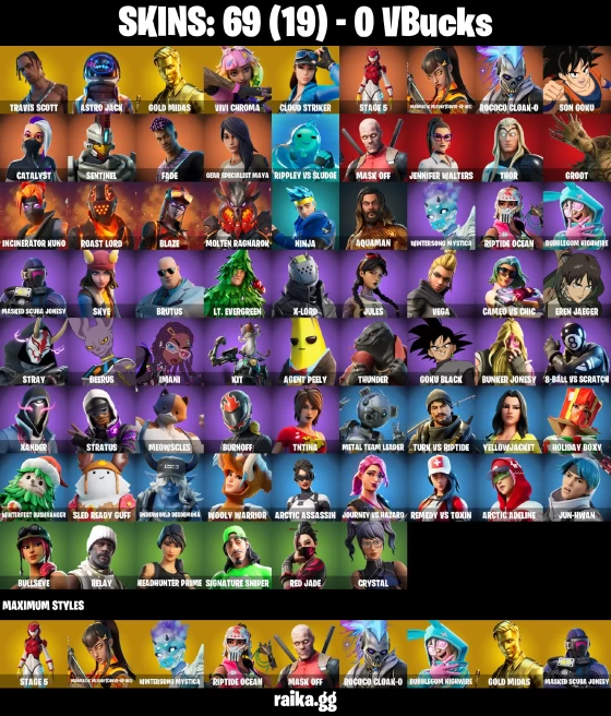 69 skins | Travis Scott | Astro Jack | Gold Midas | Son Goku | Eren Jaeger | Hot Marat | Vivi Chroma | Cloud Striker | A3929