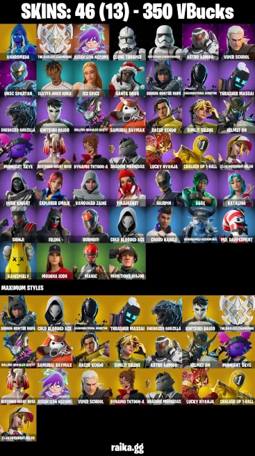 46 skins | Andromeda | The Ageless Champion | Ascension Nezumi | Clone Trooper | First Order Stormtrooper | Astro Armor | A3931