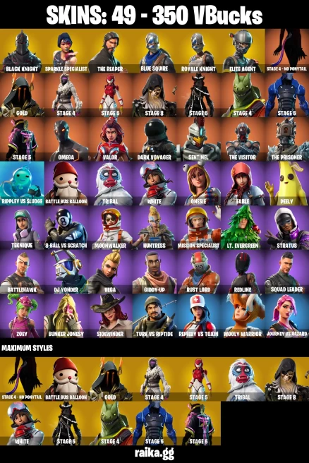 49 skins | Black Knight | Sparkle Specialist | The Reaper | Royale Knight | Blue Squire | Take The L | Floss | A3951