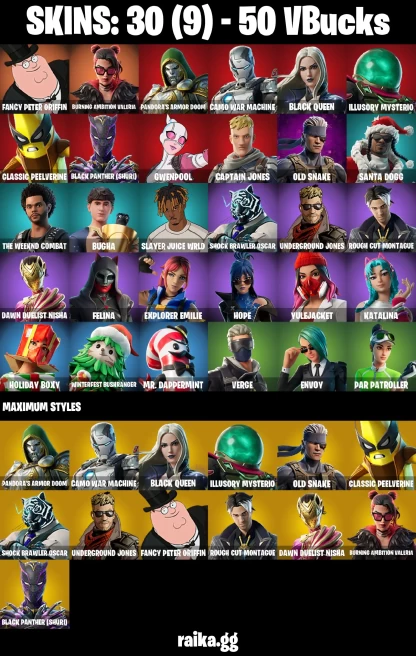 30 skins | Fancy Peter Griffin | Burning Ambition Valeria | Pandora's Armor Doom | Camo War Machine | Black Queen | A3976