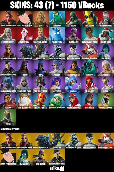 43 skins | Burning Ambition Valeria | Fancy Peter Griffin | Zeus | Poseidon | Doom | Peelverine | War Machine | A3979
