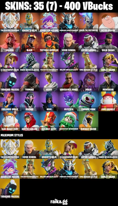 35 skins | Peter Griffin | The Ageless Champion | Knight's Helm | Ascension Nezumi | Harbinger Armor Omegarok | A3987
