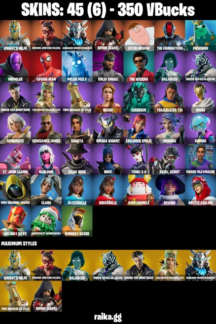 45 skins | Peter Griffin | Spider-Man | Knight's Helm | Burning Ambition Valeria | Harbinger Armor Omegarok | A3990