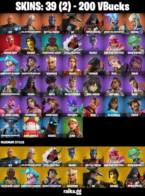 39 skins | Eren Jaeger | Mizuki | Spider-Man | off | Collector Kado Thorne | Battle-Tested | On | Ronin (Cape) | A3992