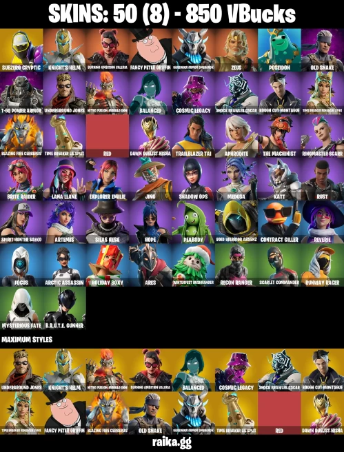 50 skins | Subzero Cryptic | Knight's Helm | Burning Ambition Valeria | Fancy Peter Griffin | Harbinger Armor Omegarok | A3993