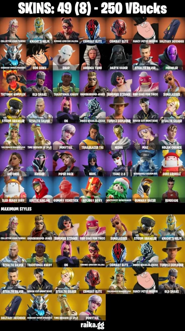 49 skins | Son Goku | Collector Kado Thorne | Knight's Helm | Burning Ambition Valeria | Combat Elite | Combat Elite | A3994