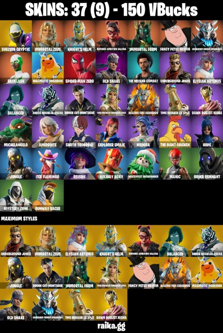 37 skins | Spider-Man Zero | Subzero Cryptic | Immortal Zeus | Knight's Helm | Burning Ambition Valeria | Immortal Form | A3995