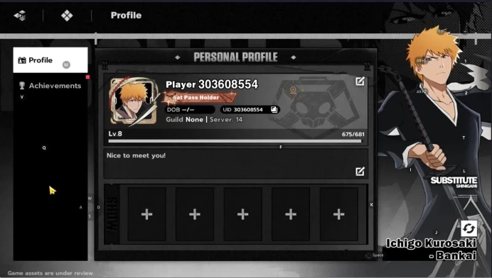 [Nuverse SEA Server]|Fresh STARTER Lv8|2 SRR(Ichigo Ban,Sajin)9SR(Renji,Rukia,Yachiru,Uryu,Etc)Selector On|Log Google(BSR719)