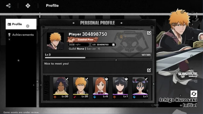 Nuverse SEA|STARTER Lv3|2 SRR(Ichigo B1+Yoruichi)6SR(Orihime,ururu,Chad)|Log Google(BSR714)
