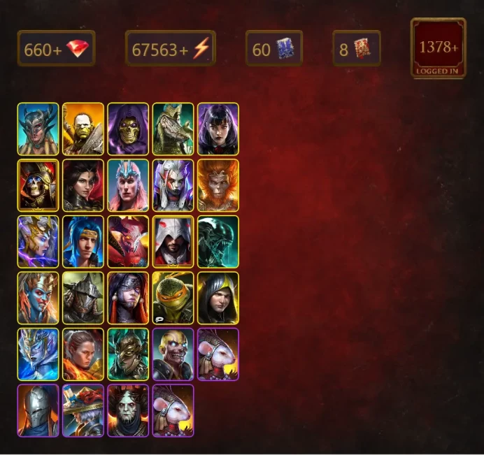 [STARTER]Pheidi Tealcrest+Ninja+Scyl+Artak+Skeletor+Alice+Deathknight+Adelyn+Loki+Visix+Wukong+Deliana+Mortu-Macaab+60Epics
