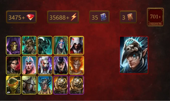 [STARTER]Nais the Shadowthief+Bad-el-Kazar+Skeletor+Leminisi the Gold-Wing+Xenomorph+Ezio Auditore+Adelyn+Loki+Visix+31Epics