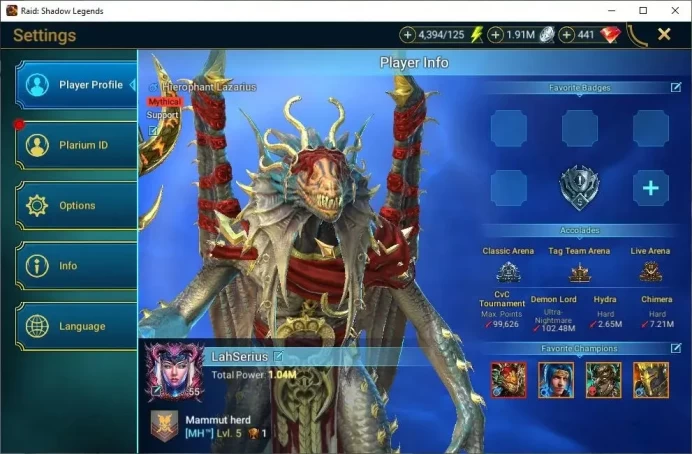 Lv55 1M Power|1 Mythic(H Lazarius)|23 Legend(Lord E Fabian,Ninja,Roshcard,Lugan,Xenomorph,Wukong,Etc)|4K Energy|Plarium(RSL1486)
