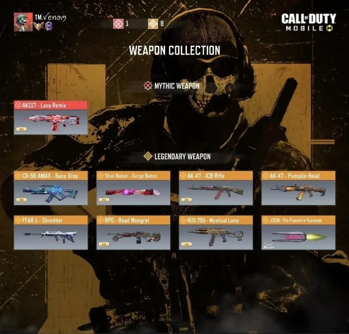 CoD Mobile | Indian 10cp | 1 Mythic | 9 Legend | Maddox Squash Demon RPD Road Mongrel ak117 lava remix MW11 only Activision