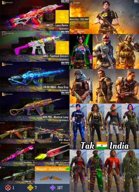 CoD Mobile | Indian 10cp | 1 Mythic | 8 Legend |  GKS Tactical Unicorn Wingsuit Soaring Blaze ak117 lava