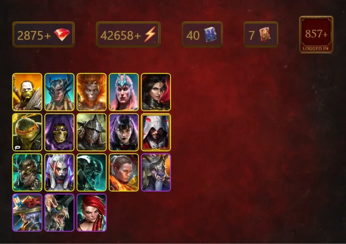 [STARTER]Odin+Granyt Doorkeep+Artak+Scyl+Wukong+Loki+Adelyn+Michelangelo+Skeletor+Rathalos+Alice+Ezio Auditore+48Epics