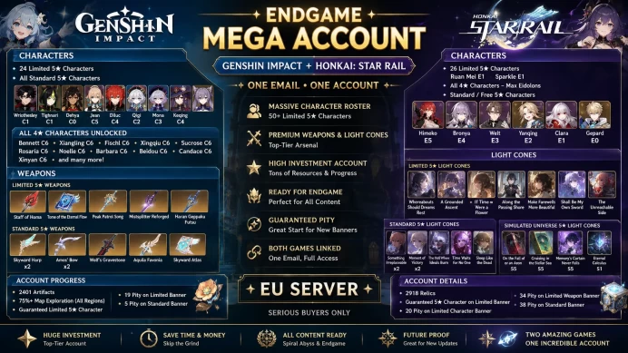 EU Endgame Genshin Impact + Honkai Star Rail Whale Account ◈ 50+ Limited 5 Stars Characters ◈ Guaranteed Pity ◈ Premium Weapons