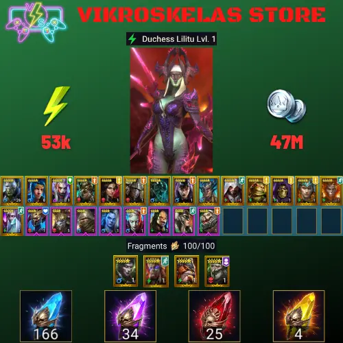 Starter with Lilitu + Shards : 166 Ancient, 34 Void, 25 Primal, 4 Sacred | Ninja + 17 Login Legendary | Mine max