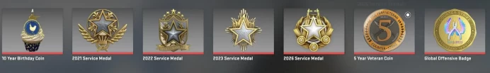 CS574 Prime enabled, 7 Medals: Service 2021, 2022, 2023, 2026, 10 Year Birthday, 5 Year Veteran, GO Badge, 967 Hours, Faceit not linked, Premier