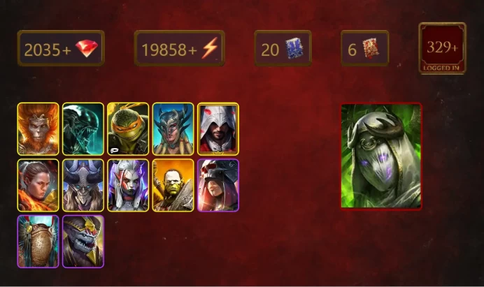 [STARTER]Theodosia+Prince Kymar+Wukong+Xenomorph+Michelangelo+Scyl+Ezio Auditore+Ronda+Visix+Artak+High Khatun+26Epics