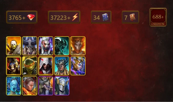 [STARTER]Siphi+Prince Kymar+Artak+Visix+Xenomorph+Wukong+Deathknight+Michelangelo+Ezio Auditore+Scyl+Deliana+Ronda+31Epics