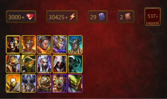 [STARTER]Nekhret+Prince Kymar+Deathknight+Wukong+Ronda+Deliana+Scyl+Michelangelo+Visix+Ezio Auditore+Xenomorph+Artak+28Epics