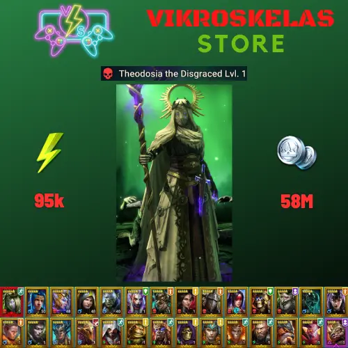 Starter with Mythical - Theodosia : 95k energy / 58 mln coins / Elenaril, Mortu-Macaab, Arix, Ninja + 20 Login Legendaries