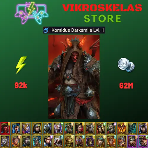 Starter with Mythical - Komidus : 92k energy / 62 mln coins / Ankora, Drexthar, Sethallia, Arix, Ninja + 20 Login Legendaries