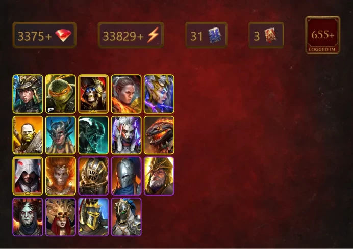 [STARTER]Harima+Sulfuryion+Michelangelo+Deathknight+Ronda+Deliana+Artak+Scyl+Xenomorph+Visix+Ezio Auditore+Wukong+Shaman+31Epics