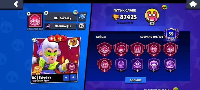 BS746 87425 Trophies 101 Brawlers 59 Primes 1 BP+ Princess Shelly Ninja Ash 32 Buffy 40-11 LVL 250 Skins