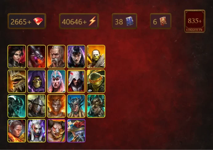 [STARTER]Taras+Legate Teox+Adelyn+Pythion+Alice+Artak+Altan+Skeletor+Loki+Ezio Auditore+Michelangelo+Xenomorph+Rathalos+35Epics