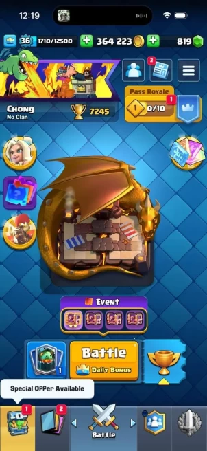 CR378//Arena 19 Level 36 Trophies 7200 Cards 115 Legendary Cards 19 Golem deck 1 hero 1 evolution 360k coins 800 Gems Name change Yes
