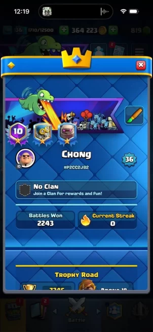 CR378//Arena 19 Level 36 Trophies 7200 Cards 115 Legendary Cards 19 Golem deck 1 hero 1 evolution 360k coins 800 Gems Name change Yes