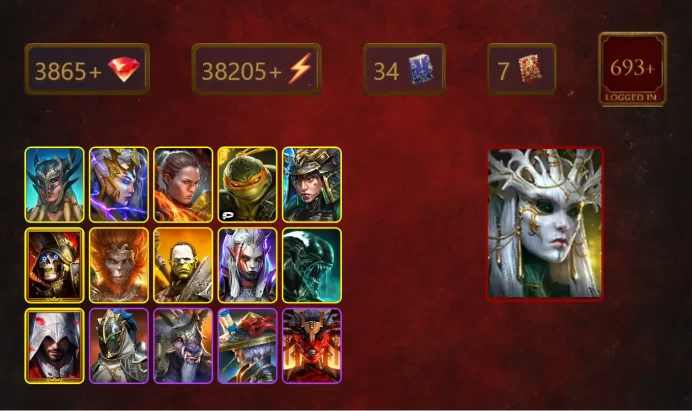 [STARTER]Arbais+Harima+Scyl+Deliana+Ronda+Michelangelo+Deathknight+Wukong+Artak+Visix+Xenomorph+Ezio Auditore+31Epics