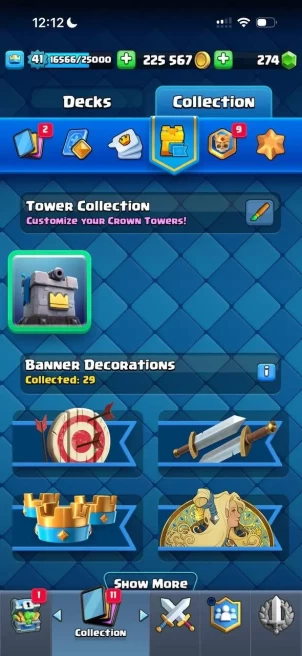 CR379//Arena 21 Level 41 Trophies 8000 Cards 117 Legendary Cards 19 Name change No 8000 trophies level 41 1 card level 15 7 evolutions 46 emotes