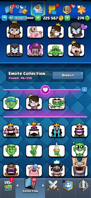 CR379//Arena 21 Level 41 Trophies 8000 Cards 117 Legendary Cards 19 Name change No 8000 trophies level 41 1 card level 15 7 evolutions 46 emotes