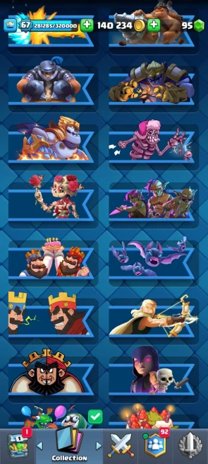 CR382//Arena 29 Level 67 Trophies 12129 Cards 121 Legendary Cards 21 12000 21 EVO + 5 (3/6) 131 EM + DONATION 3 HERO + RES 11 SKINS 500 Gems