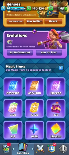 CR382//Arena 29 Level 67 Trophies 12129 Cards 121 Legendary Cards 21 12000 21 EVO + 5 (3/6) 131 EM + DONATION 3 HERO + RES 11 SKINS 500 Gems