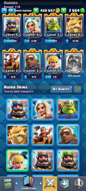 CR384//Arena 29 Level 74 12000 Trophies 121 Cards 21 Legendary Cards 22 EVO 104 EM 2.5K GEMS 20 SKINS FULL 16 LVL DECK AND MERGE TACTICS