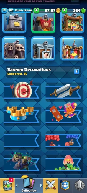 CR385//Arena 23 Level 42 Trophies 9358 Cards 121 Legendary Cards 21 Name change Yes 9390 8 EVO + 4 (3/6) 4 HEROES SPELLBAIT DECK 44 EM 5 TOWER S