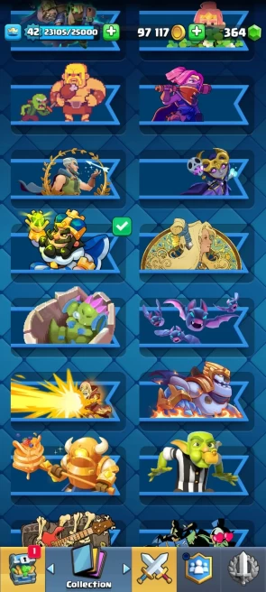 CR385//Arena 23 Level 42 Trophies 9358 Cards 121 Legendary Cards 21 Name change Yes 9390 8 EVO + 4 (3/6) 4 HEROES SPELLBAIT DECK 44 EM 5 TOWER S