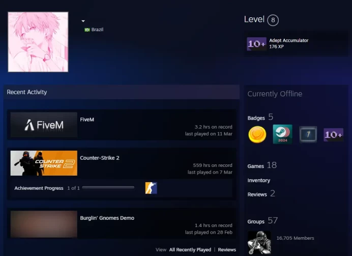 18Game-CS2 Prime 559 hours+4Medals(2020 Service Medal/Loyalty Badge/5Y/Global Offensive Badge)