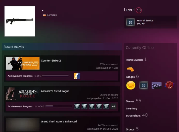 55Game-CS2 Prime+3Medals(Loyalty Badge/5 Year Veteran Coin/Global Offensive Badge)